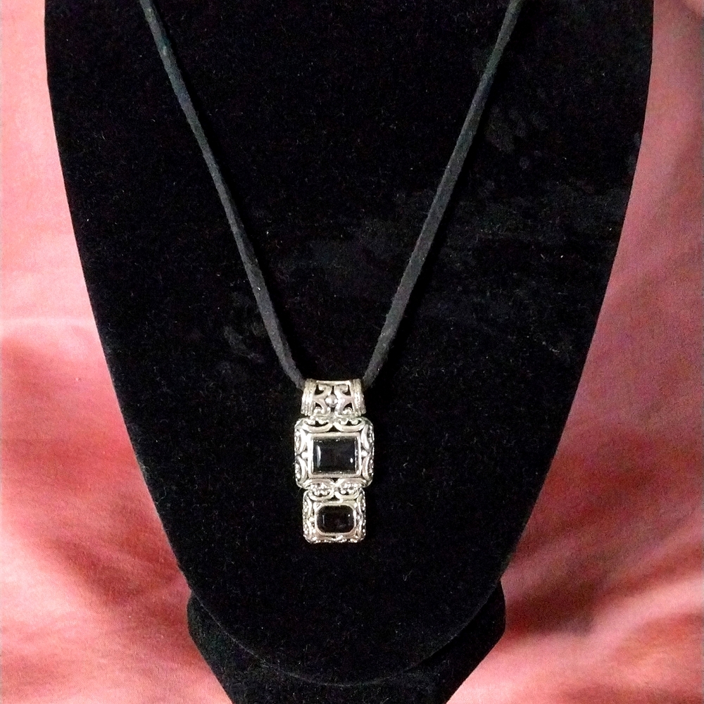 Silver with Black Stone Cord Necklace